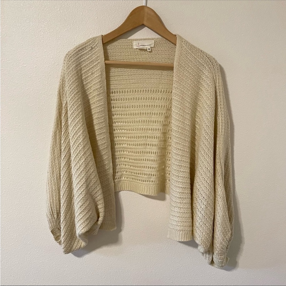 Anthropologie Bubble Dolman Sleeve Pointelle Knit Slouchy Crop Cardigan Ivory-OS